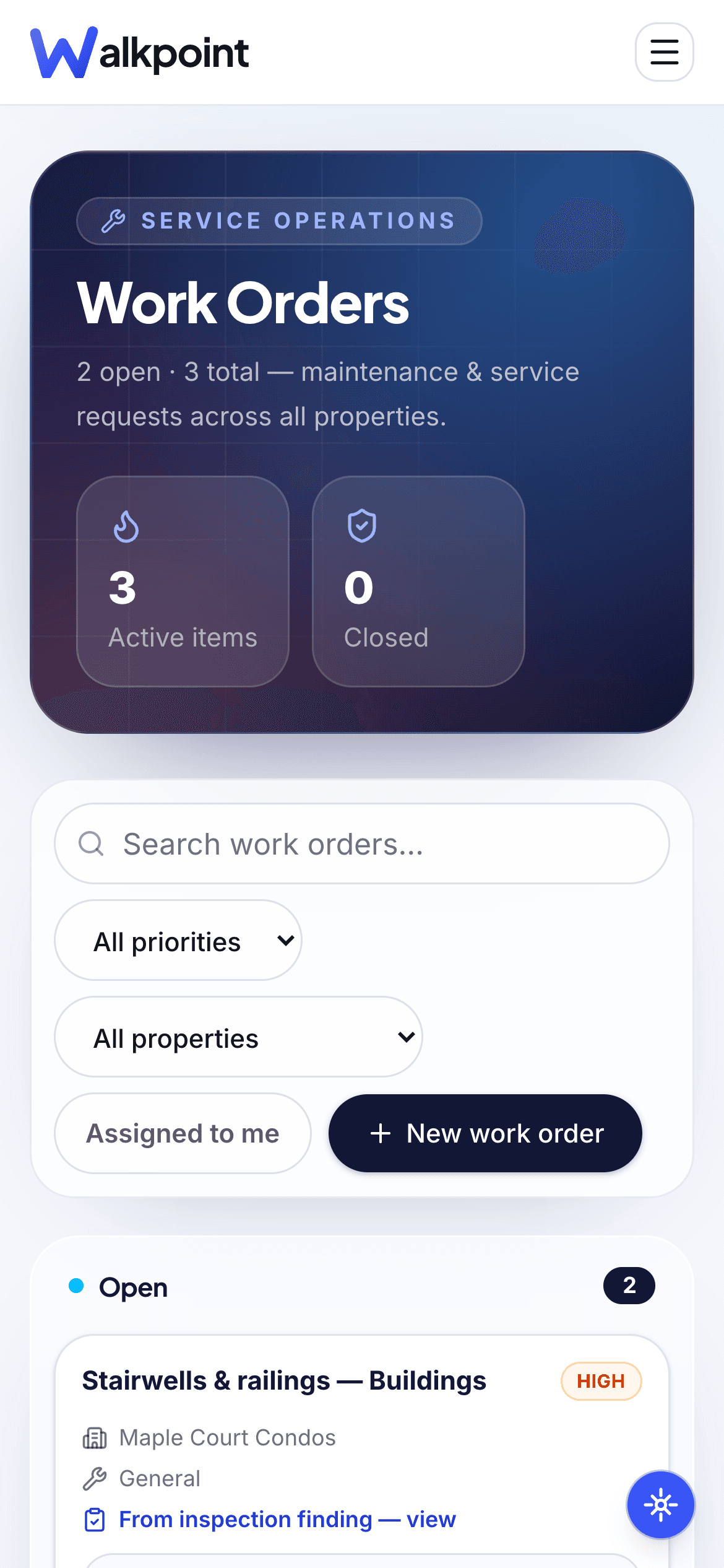 Work order board with an open job created from an inspection finding