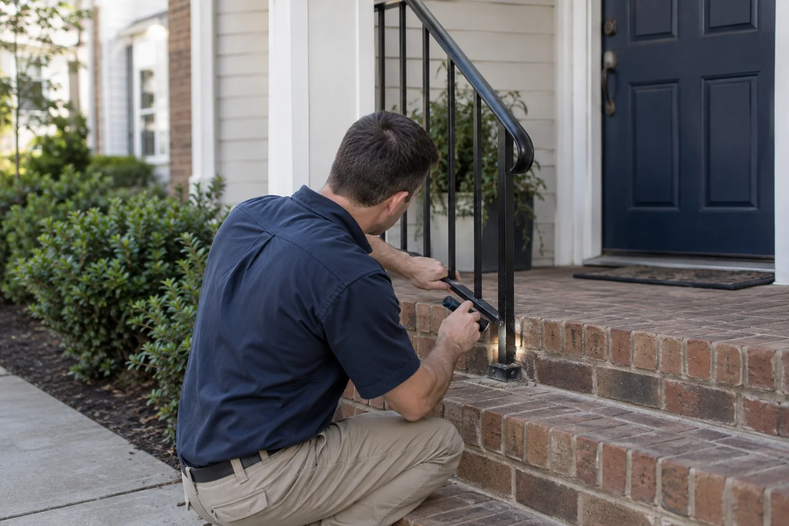 Home inspector checking a porch handrail fastening with a flashlight